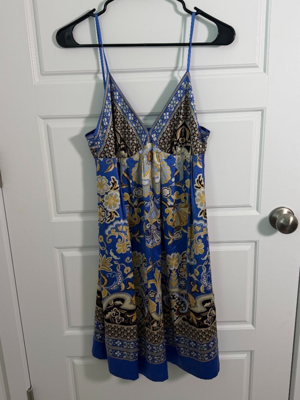 Silk Blend Blue Paisley Slip Dress Spaghetti Strap Boho Medallion Print Mini
